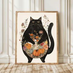 Autumn Harvest Cat – Black Cat with Pumpkins and Flowers | Fall Botanical Wall Art Print