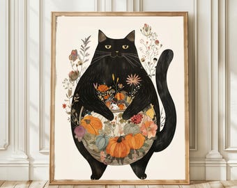 Autumn Harvest Cat – Black Cat with Pumpkins and Flowers | Fall Botanical Wall Art Print