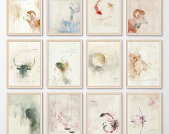 Aquarell Sternzeichen Print Set: Minimalistische Astrologie Wohnkultur (digitaler Download)