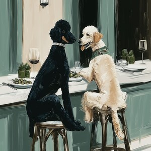 May include: An artistic depiction of two poodles at a restaurant. One black poodle and one cream-colored poodle are seated at a bar, appearing to be on a date. The scene includes wine glasses, plates, and a light green and white color scheme.