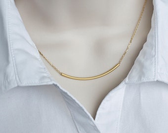 Gold Tube Necklace - Gold Plated Matte Tube Necklace, Everyday Wear, Casual, Simply and Modernist Necklace