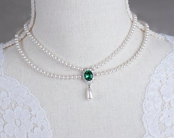Choker da sposa con smeraldo e zirconia cubica, collana con smeraldo in stile vintage, girocollo da sposa con perle e smeraldo e zirconia cubica, girocollo vintage vittoriano con smeraldo