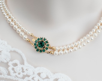 Vintage Style Green Emerald Necklace, Wedding Pearl and Emerald Swarovski Bridal Choker, Emerald Crystal Multi Strand Vintage Pearl Necklace