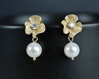 Bridal Earrings, Gold CZ Flower Earrings with White/Ivory 8 mm Swarovski  Pearl .925 Sterling Silver Earring Post. Wedding Jewellery