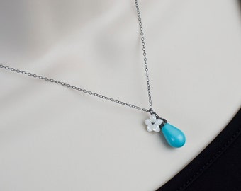 Turquoise Blue Howlite Briolette and Mother of Pearl Oxidized Sterling Silver Necklace, Wire Wrapped Sterling Silver Necklace