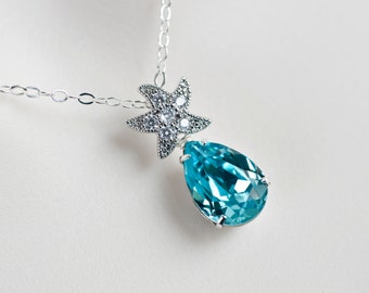 Starfish Necklace, Cubic Zirconia Starfish and Turquoise Swarovski Crystal Teardrop , Bridal Bridesmaids Necklace, Beach Wedding Necklace