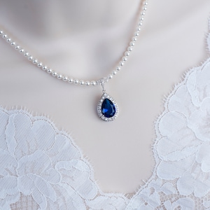 Blue Sapphire CZ Necklace, Bridal Necklace, Bridal Pearl and Blue Sapphire Cubic Zirconia Teardrop Necklace, Something Blue Bridal Jewelry image 2