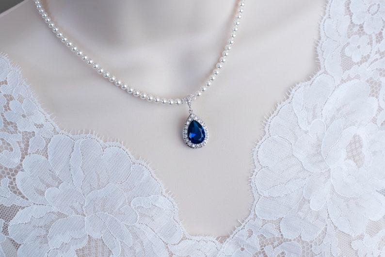 Blue Sapphire CZ Necklace, Bridal Necklace, Bridal Pearl and Blue Sapphire Cubic Zirconia Teardrop Necklace, Something Blue Bridal Jewelry image 2