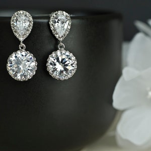 Bridal Earrings Rhodium Plated Cubic Zirconia Ear Posts and Large Cubic Zirconia Round Drops Earrings image 4