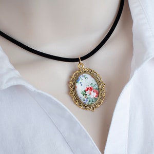 Floral Glass Cabochon Velvet Cord Necklace, Black Velvet Vintage Style Victorian Roses Necklace, Shabby Chic Gold Plated Choker Necklace