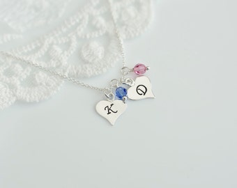 Initial Necklace, Mother, Grandmother Birthstone Initial Necklace, Sterling Silver Heart Initial Charm and Swarovski Birthstone Necklace