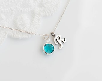 Birthstone Initial Necklace, Sterling Silver Personalized Birthstone Necklace, Sterling Silver Monogram Necklace, Mother, Grandmother Gift