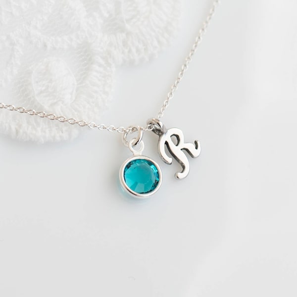 Birthstone Initial Necklace, Sterling Silver Personalized Birthstone Necklace, Sterling Silver Monogram Necklace, Mother, Grandmother Gift