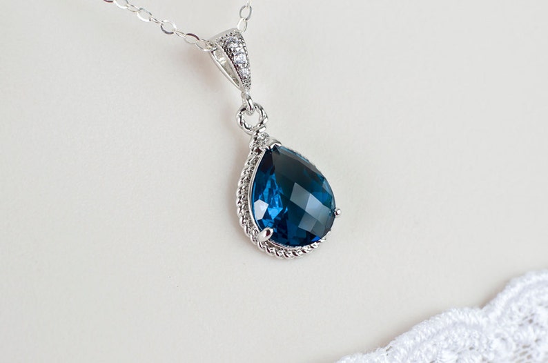 Blue Sapphire Necklace, Blue Sapphire Bridesmaids Necklace, Blue Sapphire Teardrop Glass and Cubic Zirconia Necklace image 1