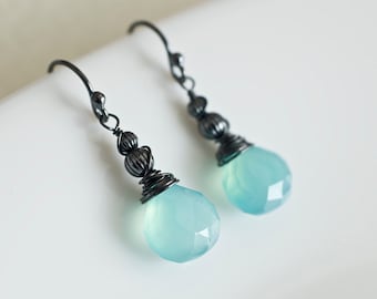 Aqua Blue Chalcedony Earrings, Oxidized Sterling Silver Wire Wrapped Earrings, Dangle Earrings,