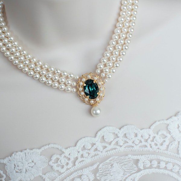 Green Emerald Pearl Necklace, Multi Strand Vintage Style Emerald Necklace, Gold Plated Bridal Victorian Necklace,Pearl Emerald Necklace