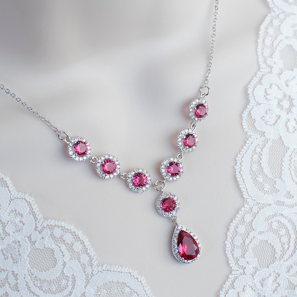Ruby Bridal Necklace, Cubic Zirconia Ruby Necklace, Cubic Zirconia Ruby Wedding Jewelry, Bridesmaids Ruby Necklace