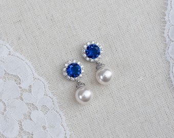 Brincos de Noiva, Brincos de Noiva com Pérola e Safira Azul, Brincos "Algo Azul", Joias de Casamento com Pérola e Safira Azul, Joias para Noivas