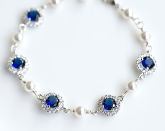 Bridal Bracelet, Blue Sapphire Bridal Bracelet, Something Blue Bracelet, Cubic Zirconia and Swarovski Pearl Bridal Bracelet, Wedding Jewelry