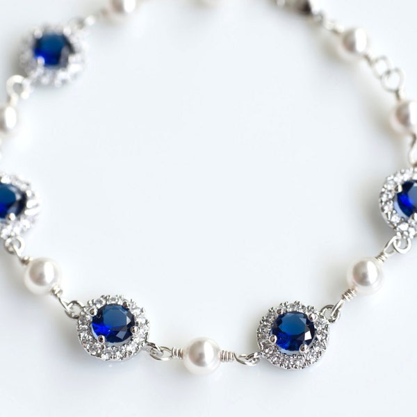 Bridal Bracelet, Blue Sapphire Bridal Bracelet, Something Blue Bracelet, Cubic Zirconia and Swarovski Pearl Bridal Bracelet, Wedding Jewelry