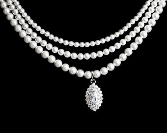 Bridal Statement  Neklace, Bridal Pearl Necklace, Multi Strand Bridal Pearl and Large Cubic Zirconia Pendant Necklace