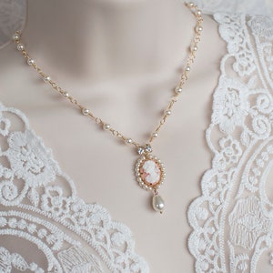 Swarovski Pearl Cameo Necklace, Bridal Vintage Style Cameo Necklace, Coral Lady Cameo Necklace, Victorian Wedding Necklace, Pearl Necklace image 7