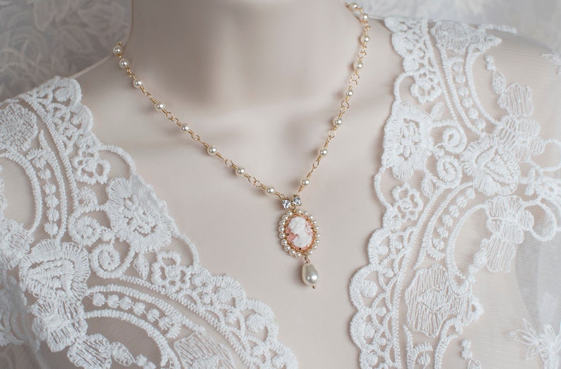 Swarovski Pearl Cameo Necklace, Bridal Vintage Style Cameo Necklace, Coral Lady Cameo Necklace, Victorian Wedding Necklace, Pearl Necklace image 7
