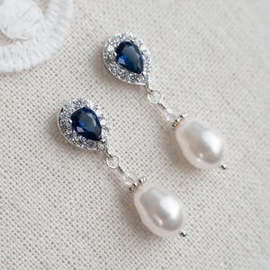 Bridal Earrings, Bridal Pearl and Blue Sapphire Earrings, Something Blue Earrings, Wedding Jewelry, Bridal CZ Sapphire and Pearls Jewelry