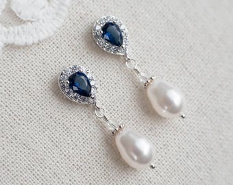 Bridal Earrings, Bridal Pearl and Blue Sapphire Earrings, Something Blue Earrings, Wedding Jewelry, Bridal CZ Sapphire and Pearls Jewelry