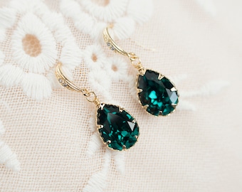 Grüne Smaragd Ohrringe, Smaragd Swarovski Braut Ohrringe, Smaragd Brautjungfern Ohrringe, Vintage Style Smaragd Ohrringe