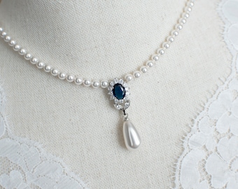 Blue Sapphire Necklace, Bridal Necklace, Bridal Pearl and Blue Sapphire Oval Drop  Necklace, Something Blue Necklace, Wedding Bridal Jewelry