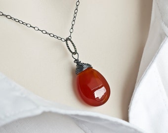 Jade Necklace, Red Jade Teardrop Necklace, Red Jade Oxidized Sterling Silver Necklace, Modern Oxidized Silver Necklace