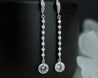 Cubic Zirconia Bridal Earrings, Long Clear Cubic Zirconia Earrings, Sterling Silver Bridal Earrings