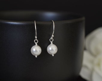 Pearl Earrings. Classic White Swarovski Pearl Earrings on Sterling Silver