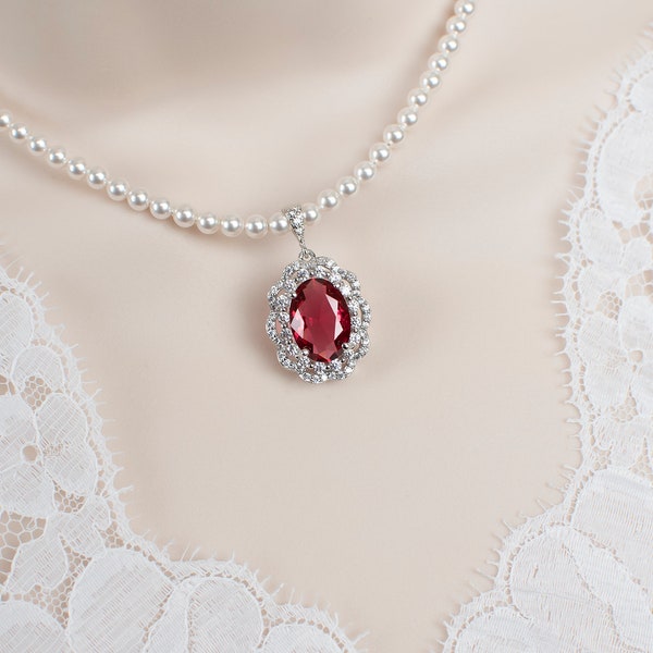 Red Ruby Necklace, Bridal Necklace, Bridal Pearl and Red Ruby Teardrop Necklace, Red Siam Necklace, Wedding Bridal Jewelry