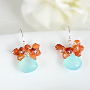 Cluster Earrings Handmade Aqua Blue Chalcedony and Carnelian Cluster Earrings in Sterling Silver image 3