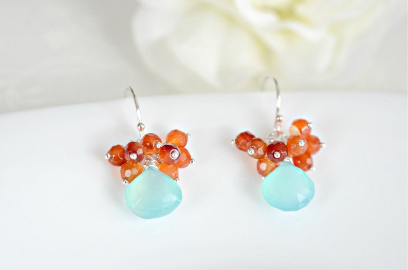 Cluster Earrings Handmade Aqua Blue Chalcedony and Carnelian Cluster Earrings in Sterling Silver image 3