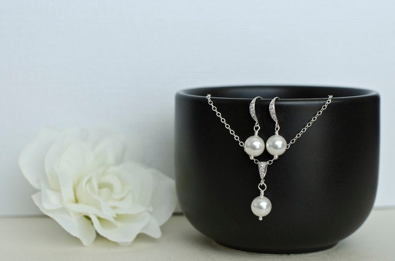 Bridal Pearl Earrings and Necklace in Sterling Silver, White/Ivory Swarovski Single Pearl Earrings and Pendant, Pearl Jewelry Set image 2