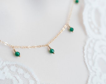 Lab Created Emerald  Necklace, Green Emerald  Gold Necklace, Lab Created Emerald Gold Plated Necklace, Gold Beaded  Necklace