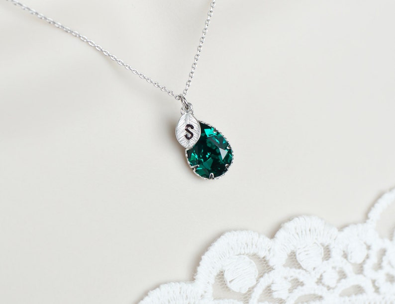 Green Emerald Swarovski Terdrop, Custom Initial Necklace,Birthstone Personalized Initial Necklace,Monogram Initial Necklace,Bridesmaids Gift image 2
