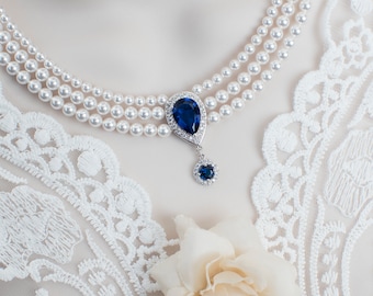 Vintage Style Sapphire Necklace, Wedding Pearl and Sapphire CZ Bridal Choker, Something Blue CZ Sapphire Multi Row Vintage Pearl Necklace