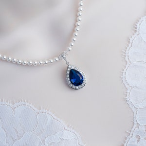 Blue Sapphire CZ Necklace, Bridal Necklace, Bridal Pearl and Blue Sapphire Cubic Zirconia Teardrop Necklace, Something Blue Bridal Jewelry
