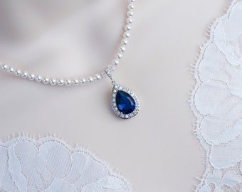 Blue Sapphire CZ Necklace, Bridal Necklace, Bridal Pearl and Blue Sapphire Cubic Zirconia Teardrop Necklace, Something Blue Bridal Jewelry