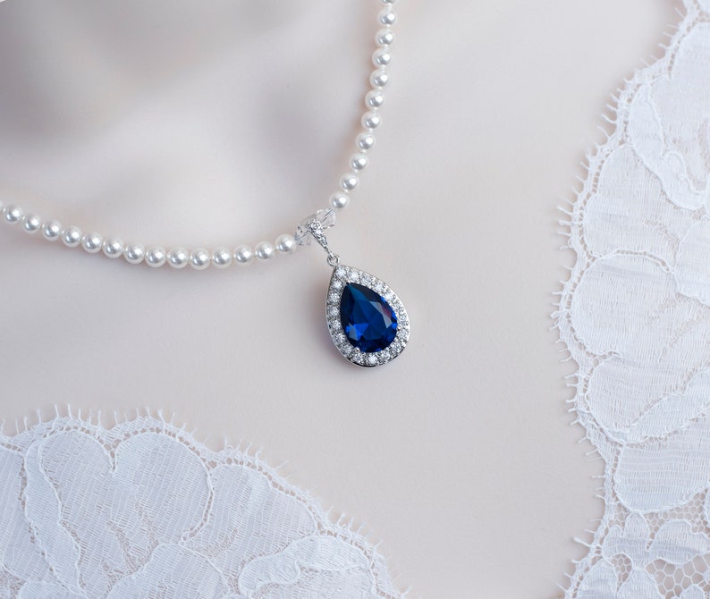 Blue Sapphire CZ Necklace, Bridal Necklace, Bridal Pearl and Blue Sapphire Cubic Zirconia Teardrop Necklace, Something Blue Bridal Jewelry image 1