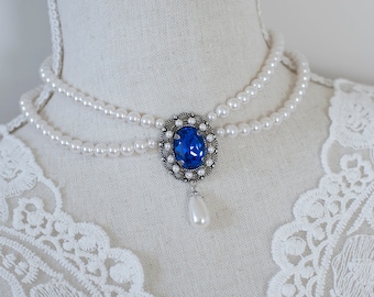 Colar de pérolas de safira azul, colar de safira estilo vintage de vários fios, colar vitoriano de noiva azul real, colar azul majestoso de pérolas