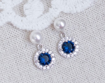 Blue Sapphire Bridal Earrings, Sapphire Bridal Earrings, CZ Blue Sapphire Pearl Stud Earrings, Round CZ Swarovski Pearls Stud Earrings