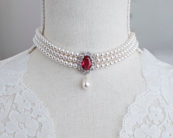 Ruby CZ Bridal Choker, Vintage Style Ruby Necklace, Wedding Pearl and Ruby CZ Bridal Choker, Ruby Victorian  Vintage Chocker