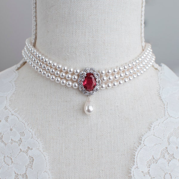 Ruby CZ Bridal Choker, Vintage Style Ruby Necklace, Wedding Pearl and Ruby CZ Bridal Choker, Ruby Victorian  Vintage Chocker