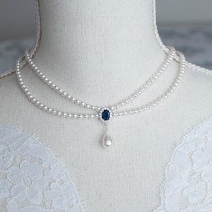 Vintage, Romantische Blauer Saphir Halskette, Hochzeits Perle und Sapphire CZ Braut Choker, Multi Row Vintage Swarovski Perlenkette Bild 2