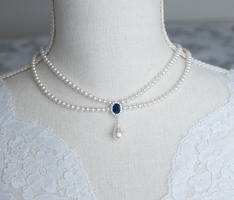 Vintage, Romantische Blauer Saphir Halskette, Hochzeits Perle und Sapphire CZ Braut Choker, Multi Row Vintage Swarovski Perlenkette Bild 2